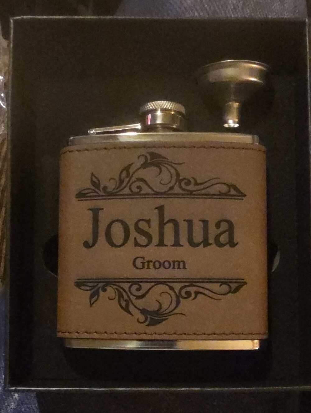 Personalized Joshua Groom Stainless Steel Leather-Wrapped Flask - Brown